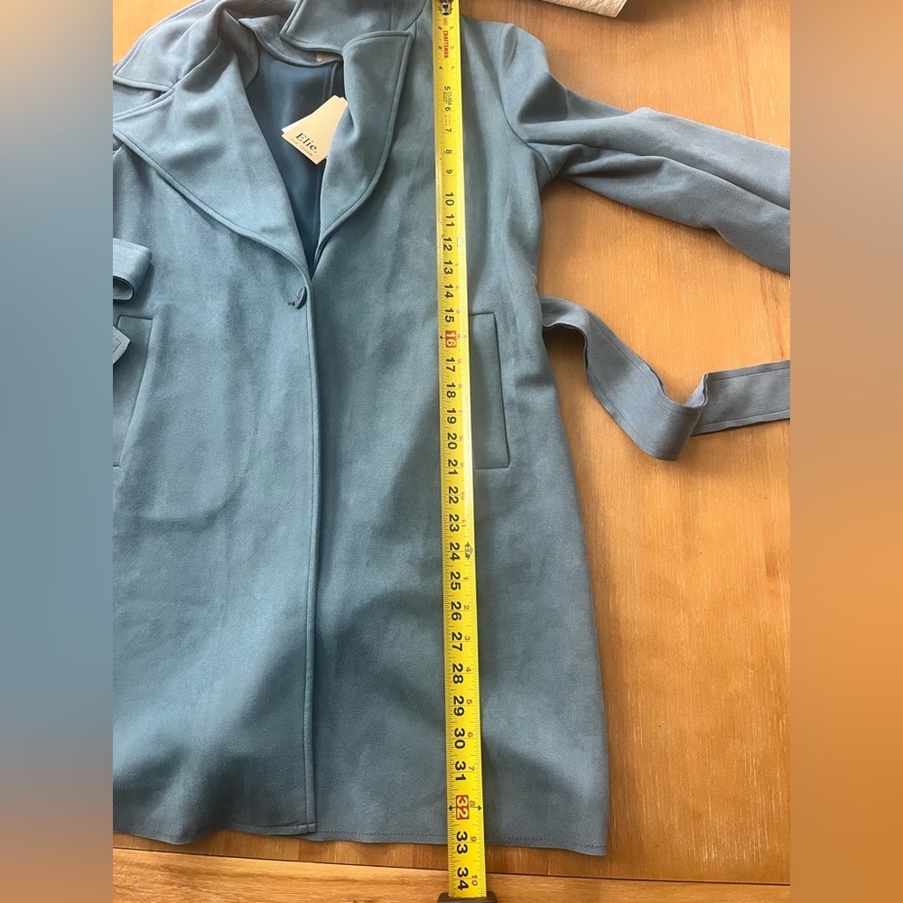Elie Tahari Dusty Blue Faux Leather Belted Wrap Trench Coat Small NWT - Picture 10 of 12